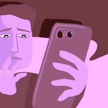 A worried man looking at his smartphone, in cartoon form.