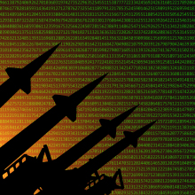 A row of missiles in front of a background filed with lines of computer code. 