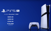 The image shows the upcoming PlayStation 5 Pro console and a controller on a blue background, with the PS5 Pro logo and release date of November 7, 2024. Prices are listed as $699.99, £699.99, €799.99, and ¥119,980 (including tax)