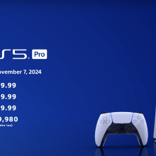 The image shows the upcoming PlayStation 5 Pro console and a controller on a blue background, with the PS5 Pro logo and release date of November 7, 2024. Prices are listed as $699.99, £699.99, €799.99, and ¥119,980 (including tax)