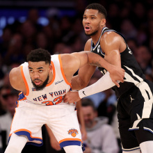 Karl-Anthony Towns #32 of the New York Knicks boxes out Giannis Antetokounmpo #34 of the Milwaukee Bucks during the second half at Madison Square Garden on January 12, 2025 in New York City. 