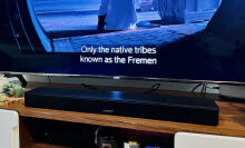 bose smart soundbar under TV playing 'dune'; text on screen reads 'only the native tribes known as fremen'