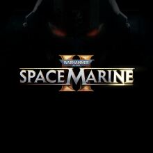 logo for "Warhammer 40,000: Space Marine II." The title is displayed prominently in large, metallic font with a dark background, featuring a faint outline of a Space Marine's helmet above the logo. The text "Warhammer 40,000" appears in smaller letters on a banner above the main title.