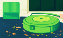 Illustration of green robot vacuum cleaning rug with green self-empty dock in background