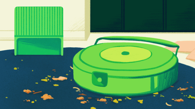 Illustration of green robot vacuum cleaning rug with green self-empty dock in background