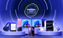 tech products on pedestals with Mashable Choice Award banner