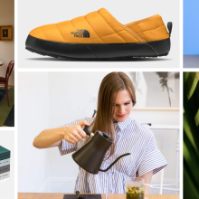 A Ruggable rug under a table, The North Face slipper, Owala water bottles, A24 screenplay books, a person pouring a Fellow Stagg kettle, and a hand wearing an Oura ring.