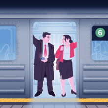 illustration of two people standing in the open doors of a subway train