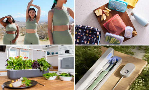 Collage featuring three people wearing green workout sets, silicone snack backs and lunch products on a countertop, an indoor LED plant system on tabletop, and close up of electric toothbrush and carrying case