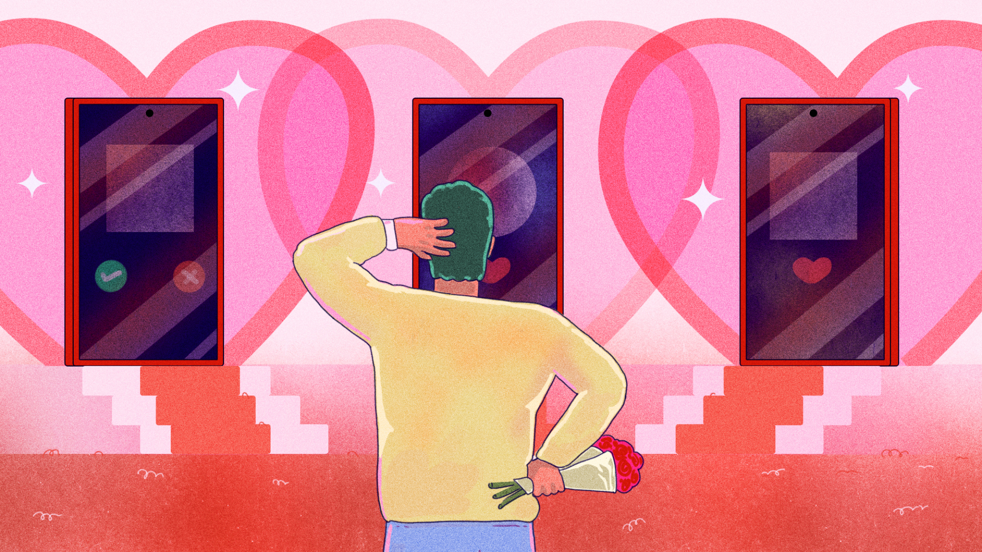 illustration of a man with flowers looking at three dating app screens; concept art for dating apps for men