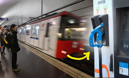 Split image shows a platform in Barcelona's Metro as a train arrives (left) , and an EV charging station (right)