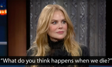 A woman sits on a talk show sofa. The caption at the bottom reads, "What do you think happens when we die?"