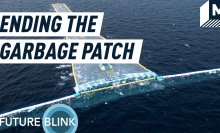 The Ocean Cleanup's rendering of the system 03 artificial coastline collecting trash in the North Pacific Ocean