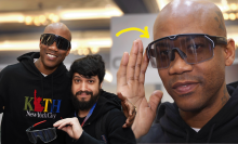 Left: Stephon Marbury pose for a picture with the Chamelo glasses at CES. Right: close up of Marbury wearing a set of the glasses.