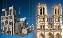 Against a blue grid background,  3D digital twin of Notre-Dame is placed next to an image of the completed building