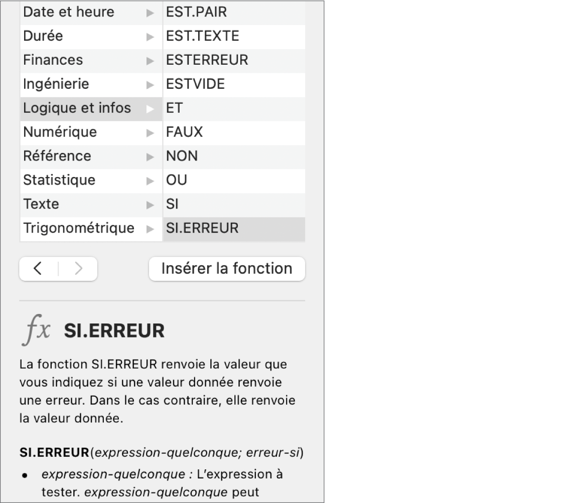 Le navigateur des fonctions qui présente des informations sur la fonction IFERROR.