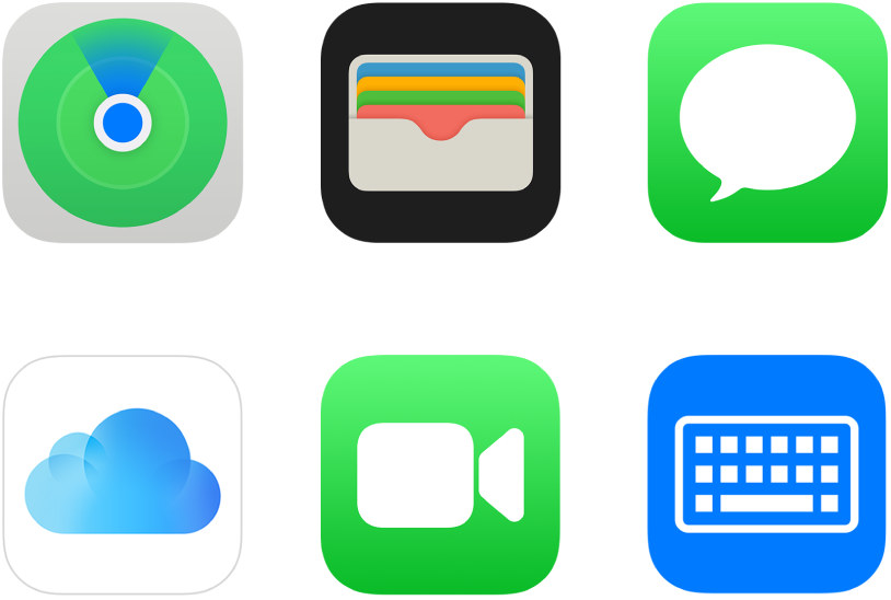 Symboler for seks af de tjenester, som Apple tilbyder: Find, Apple Wallet, iMessage, iCloud, FaceTime og Tastatur.