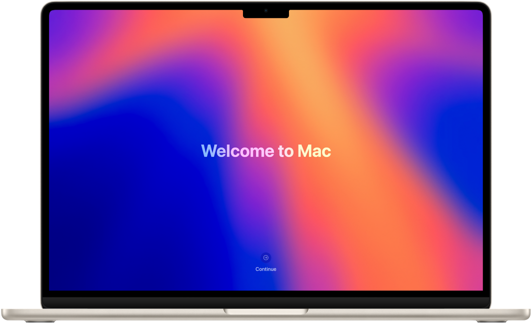 En öppen MacBook Air med orden ”Välkommen till Mac” på skärmen.