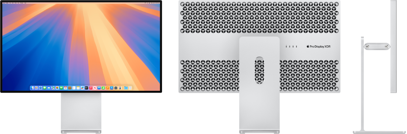 Front view, back view, and side view of Pro Display XDR on a Pro Stand.