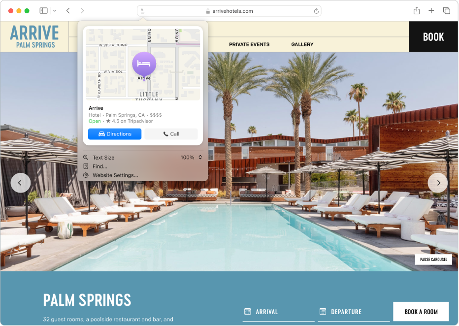 The Safari app showing Highlights for a hotel destination in Palm Springs, including a map, buttons to call the hotel and get directions, and a link to book a reservation.