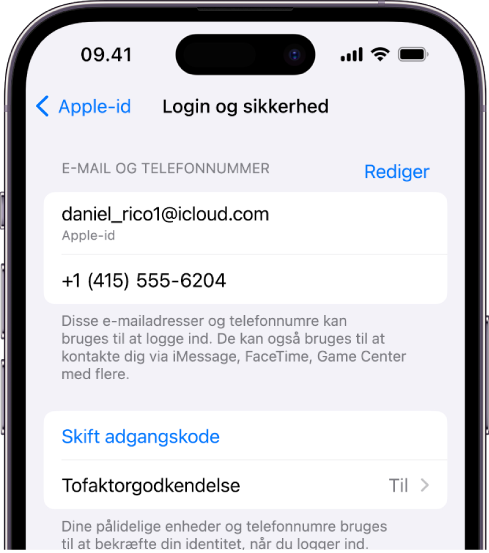 En iPhone-skærm, der viser, at tofaktorgodkendelse er slået til.