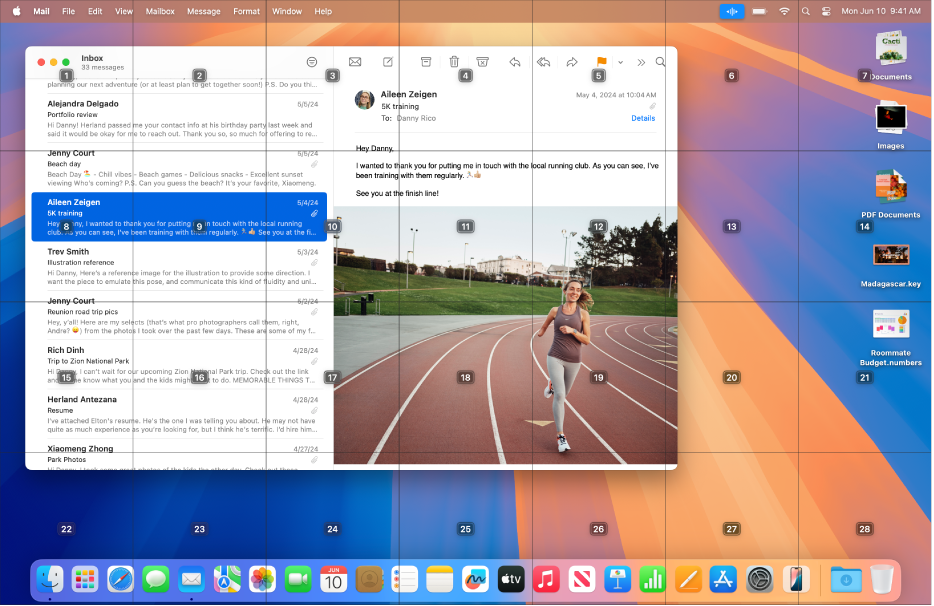 The Mail app open on the Mac desktop, with a grid superimposed over it. The grid divides the desktop into seven columns and four rows, and each cell is numbered 1 through 28.