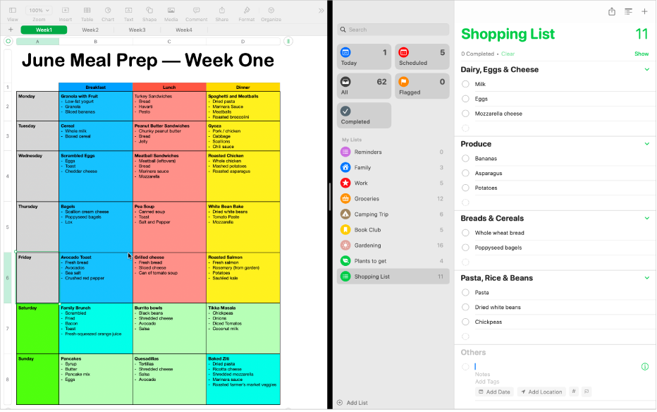 Lʼapp Numbers sur la gauche et lʼapp Rappels sur la droite en Split View.