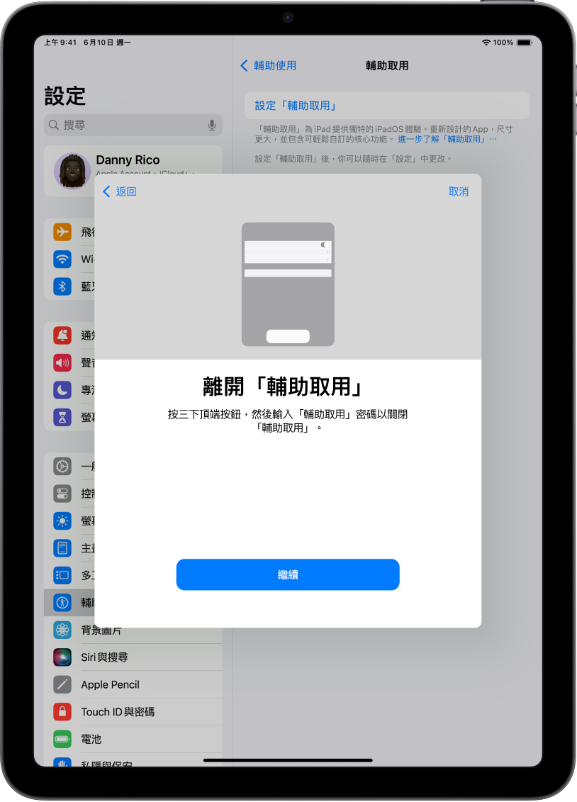 iPad 的畫面解釋如何結束「輔助取用」。