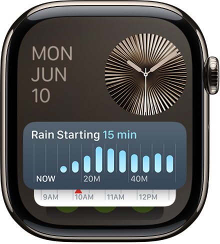 Den smarte stak på Apple Watch, der viser widgetten Tidtagning forrest og to widgets bagved.