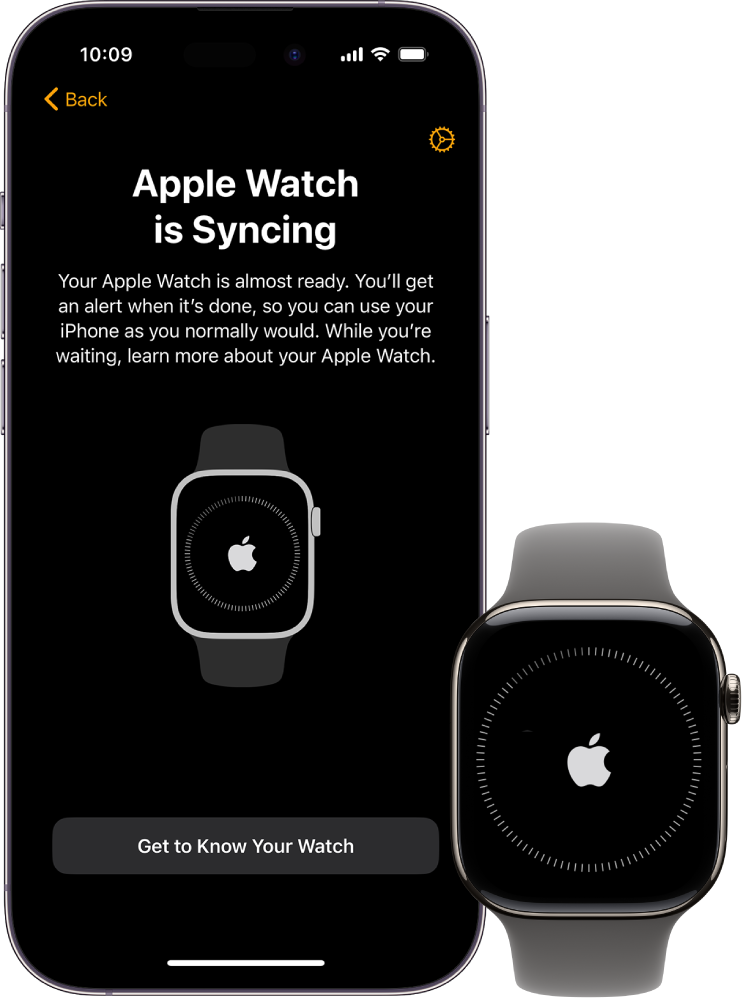 Um iPhone e um Apple Watch mostrando suas telas de sincronização.