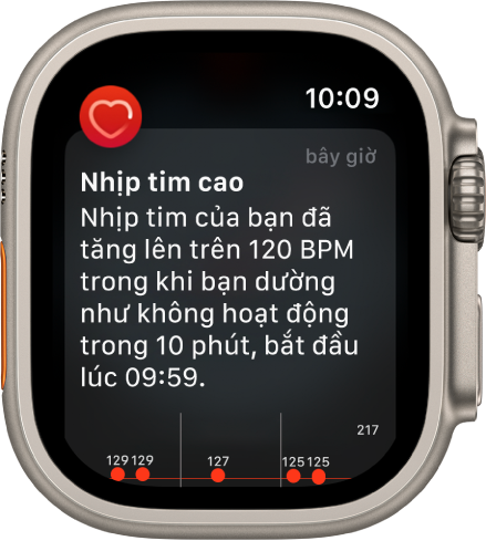 Màn hình Nhịp tim cao đang hiển thị một thông báo rằng nhịp tim của bạn đã tăng lên trên 120 BPM (nhịp/phút) trong 10 phút trong khi bạn dường như không hoạt động.