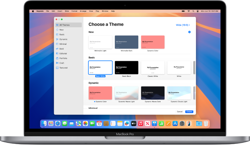 A MacBook Pro with the Keynote theme chooser open on the screen. The All Themes category is selected on the left and predesigned themes appear on the right in rows by category. The Language and Region pop-up menu is in the bottom-left corner and the Standard and Wide pop-up menu is in the top-right corner.