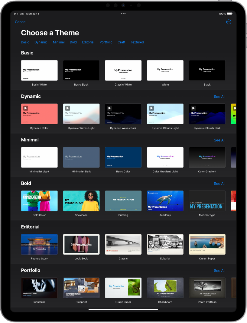 The theme chooser, showing a row of categories across the top that you can tap to filter the options. Below are thumbnails of pre-designed themes arranged in rows by category.