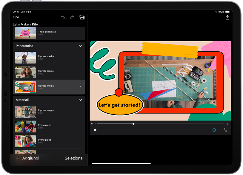 Progetto di storyboard in iMovie su iPad.