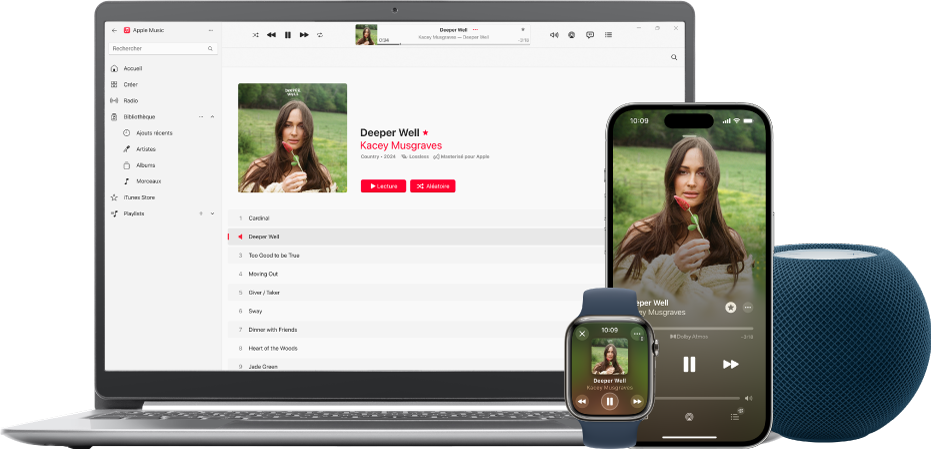 Un morceau en cours de lecture sur un Mac, un iPhone et une Apple Watch, avec un HomePod.
