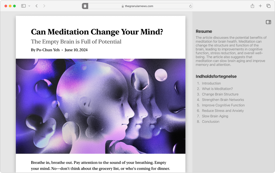 Et læservindue viser begyndelsen af en artikel, en indholdsfortegnelse og et resume af artiklen.