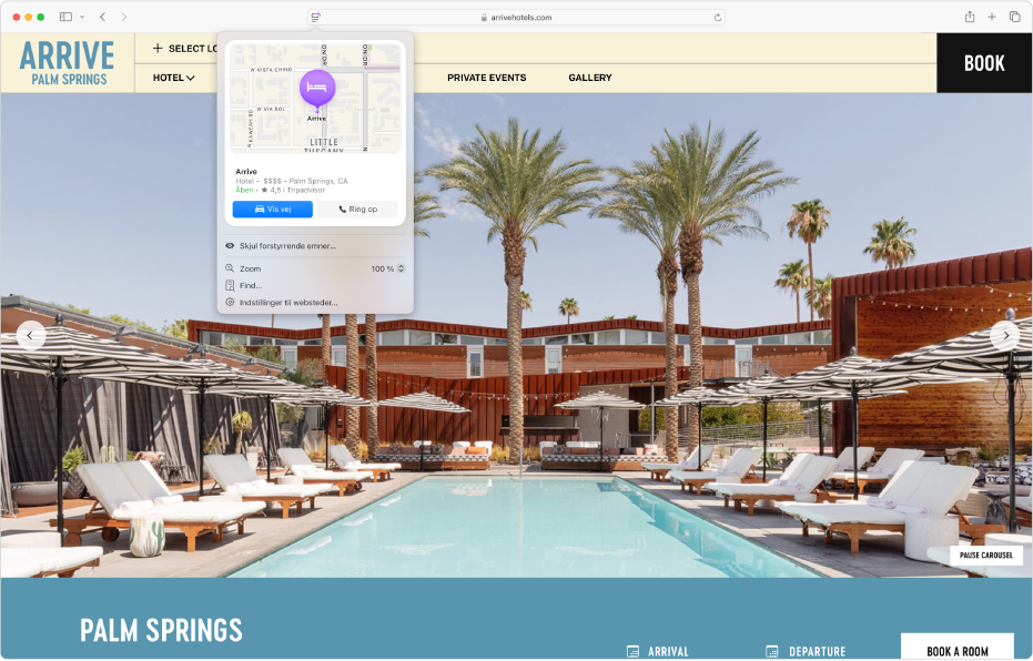 I Safari vises højdepunkter for en hoteldestination i Palm Springs, herunder et kort, knapper, som ringer til hotellet og viser vej, og et link til reservation.