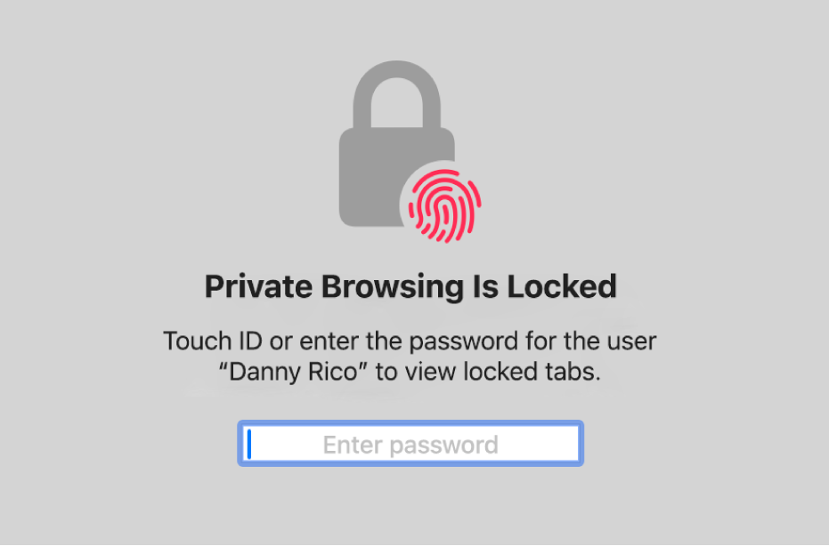 A window asking for Touch ID or your password to unlock Private Browsing windows.