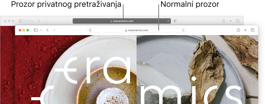 Privatni Safari prozor s tamnim pametnim poljem za pretraživanje i normalni Safari prozor sa svijetlim pametnim poljem za pretraživanje.