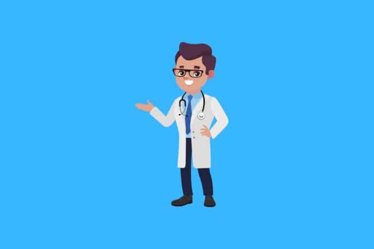 Cartoon graphic of doctor with hand out on blue background.