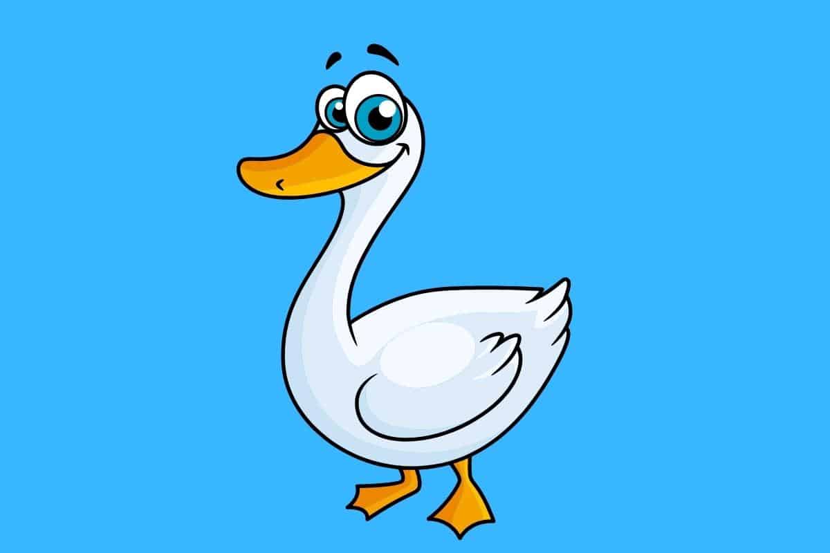 Cartoon graphic of goose with one eye bigger than the other on blue background.