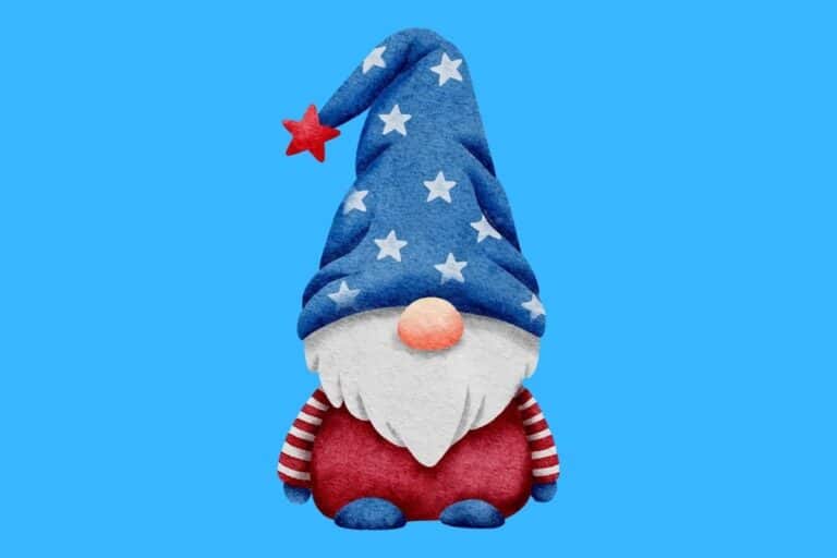 Cartoon graphic of gnome with an American flag Santa hat coving his eyes on blue background.