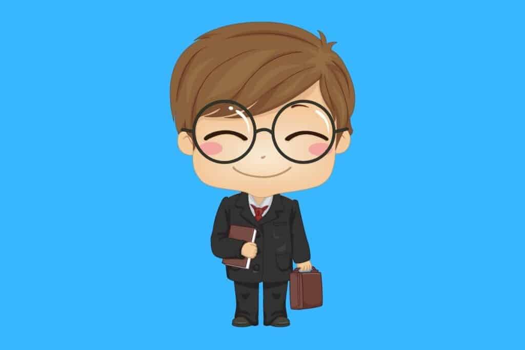 Cartoon graphic of smiling young lawyer on blue background.