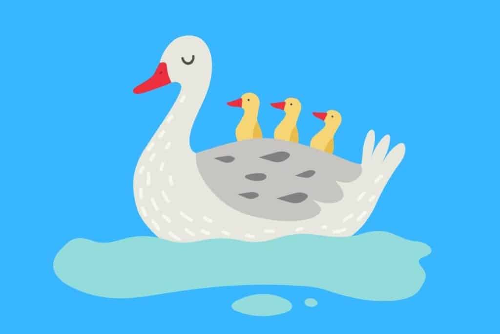 Cartoon graphic of mother goose with 3 geese children sitting on back on blue background.