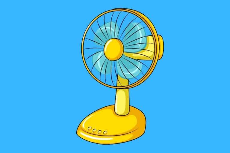 Cartoon graphic of yellow fan on blue background.