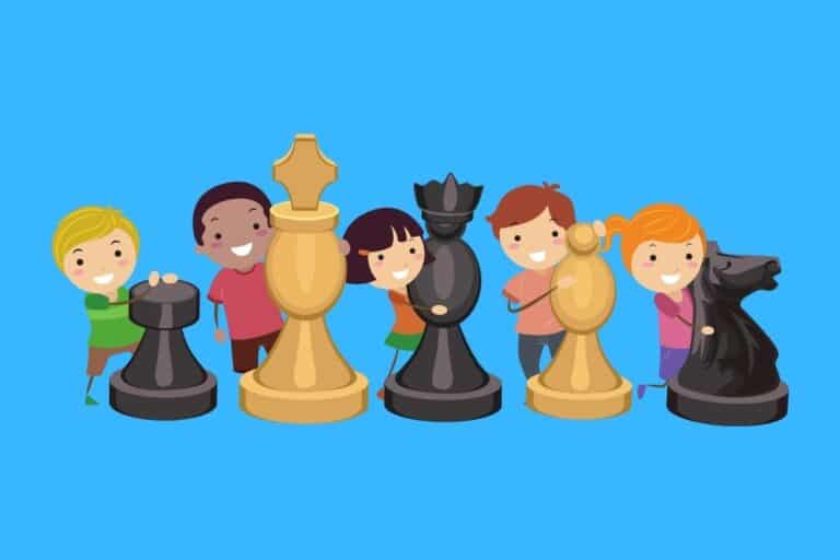 Cartoon graphic of 5 kids each behind a chess piece as big as them on blue background.