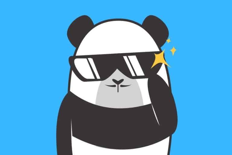 Cartoon graphic of panda wearing sunglasses on a blue background.