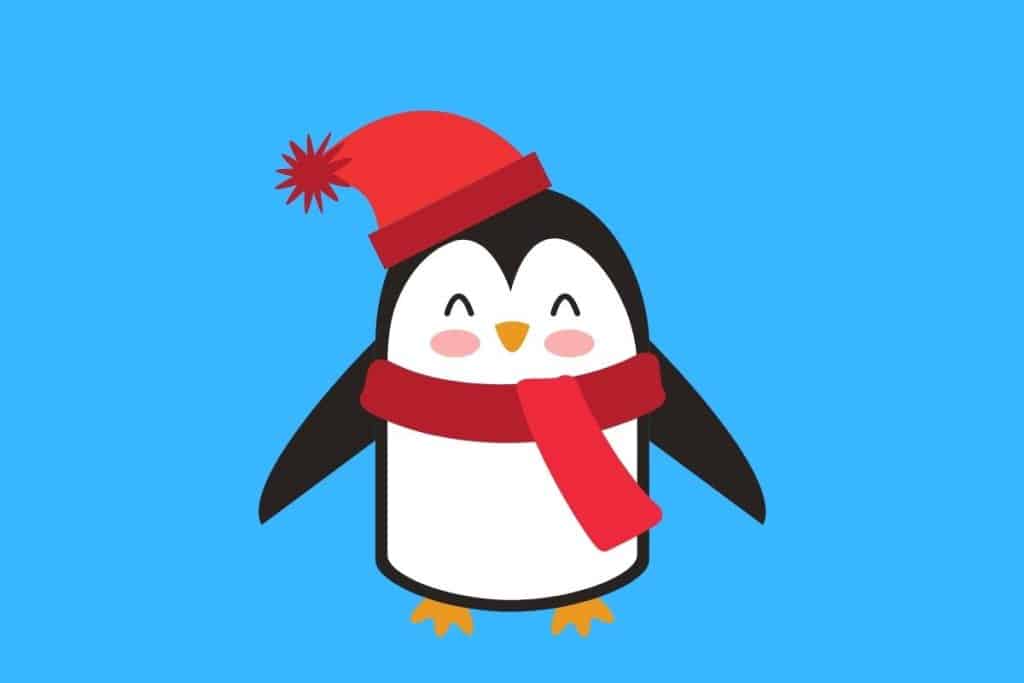 Cartoon graphic of a penguin wearing a winter red hat and scarf on a blue background.