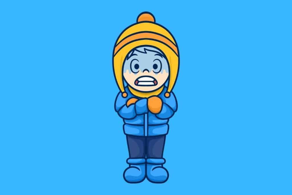 Cartoon graphic of a boy with a winter outfit looking very cold with blue face on a blue background.