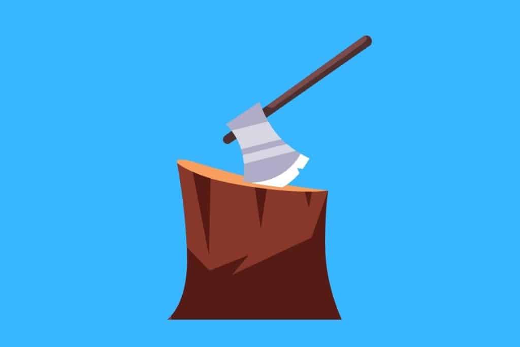 Cartoon graphic of an axe stuck into a wooden tree stump on a blue background.